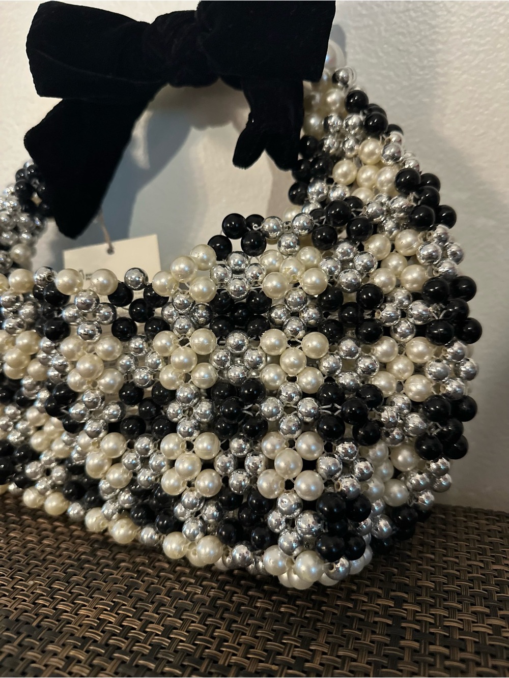 NWT A New Day Black & White Beaded Checkered Shoulder Bag with Bow Pearl - Picture 6 of 12